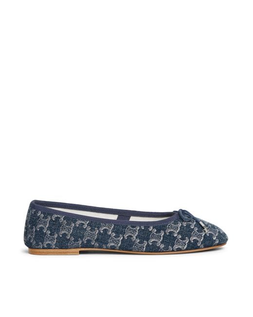 Céline Blue Les Ballerines Ballerina With Triomphe Lace-up In Printed Denim