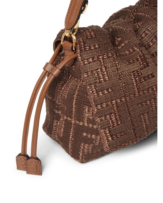 Fendi Brown Mamma Baguette Medium Woven Raffia Bag With Ff Sellier Embroidery