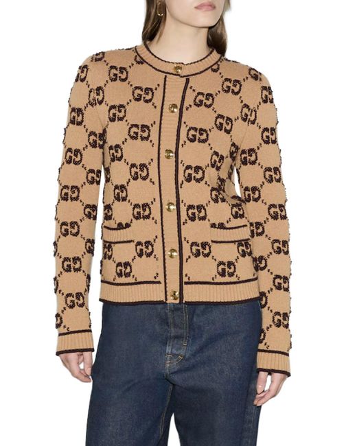 Gucci Brown Boucle' Wool Cardigan With Allover Gg Logo