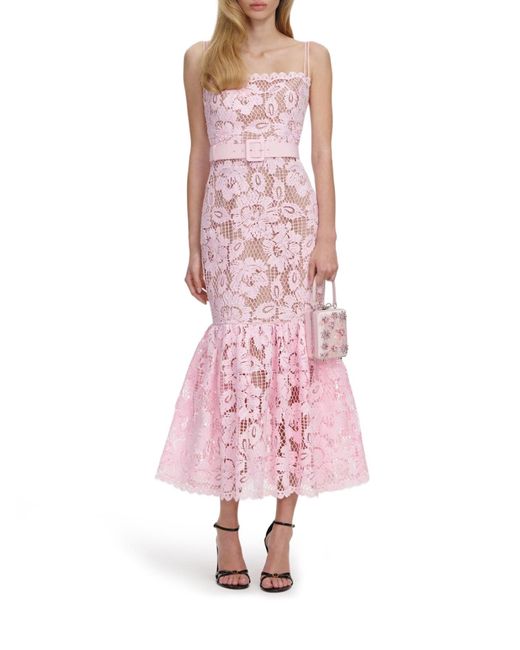 Self-Portrait Pink Crochet Lace Midi Dress