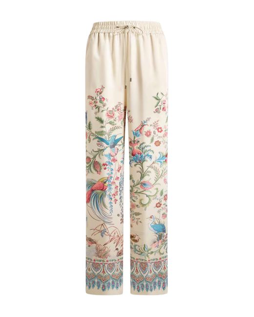Etro White Wide-leg Trousers With Placed Flora And Fauna Print