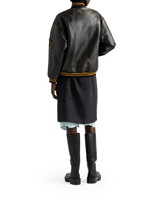 Prada Black Leather Bomber Jacket With Patch