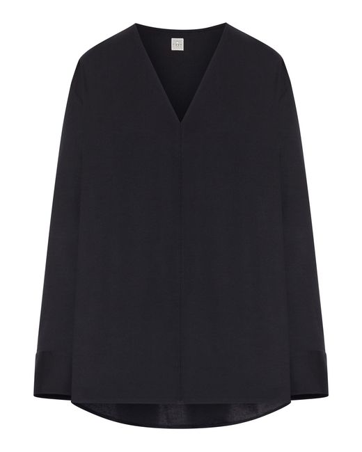 Totême Black V-Neck Cotton Poplin Blouse