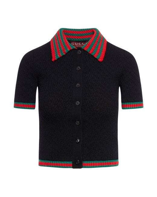 Gucci Black Cotton Lace Polo Shirt With Web Pattern