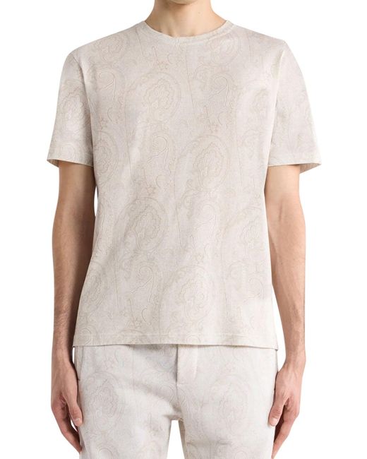Etro White Cotton T-Shirt With Arnica Pattern for men