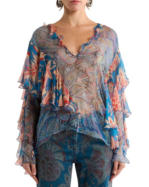 Etro Blue Long-Sleeved Silk Blouse With Ruffles