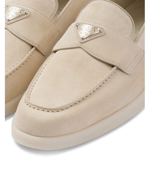 Prada White Enamel Triangle Logo-Plaque Suede Loafers for men