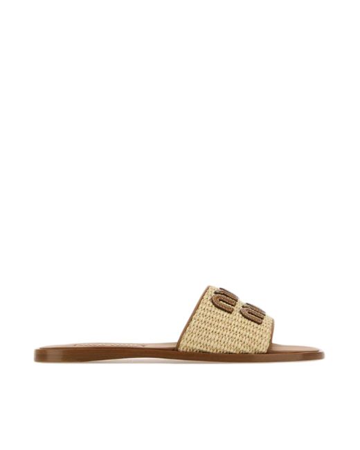 Miu Miu Metallic Raffia And Leather Slippers