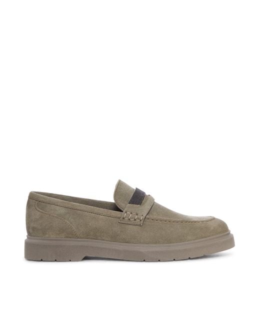 Brunello Cucinelli Brown Suede Penny Loafers With Jewel Applique