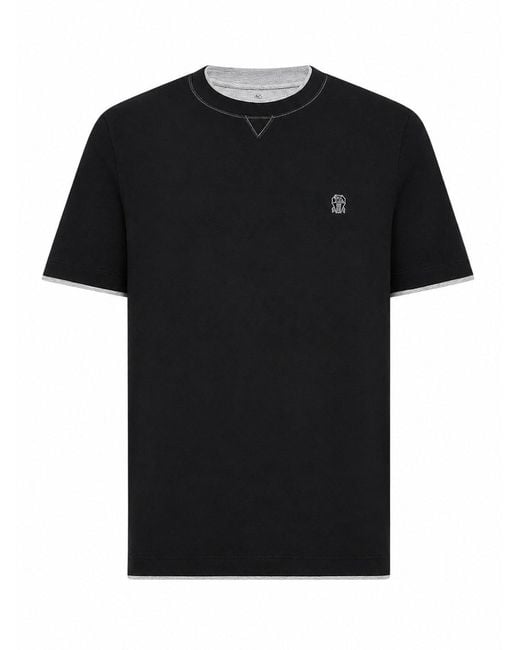 Brunello Cucinelli Black Cotton T-shirt With Front Logo And Contrasting Trim for men