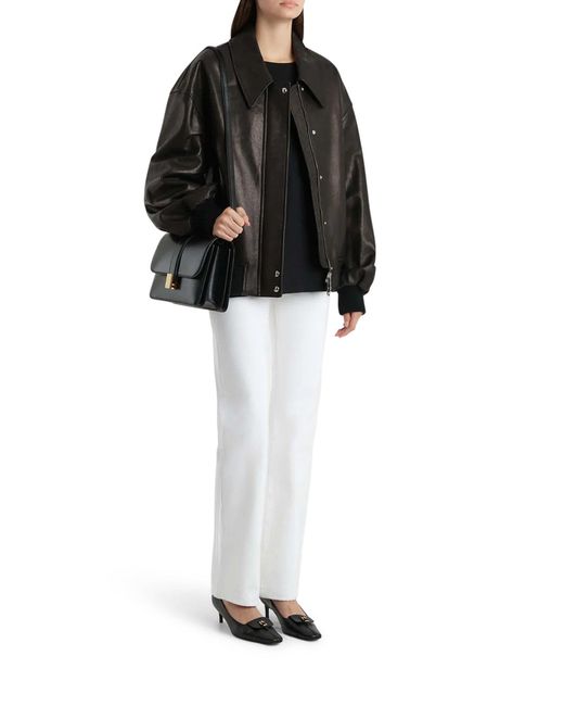 Khaite Black Shelman Leather Bomber Jacket With Wide Neck