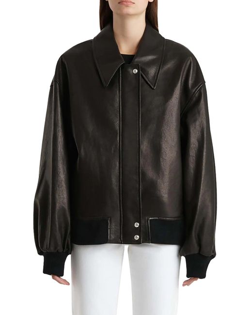 Khaite Black Shelman Leather Bomber Jacket With Wide Neck