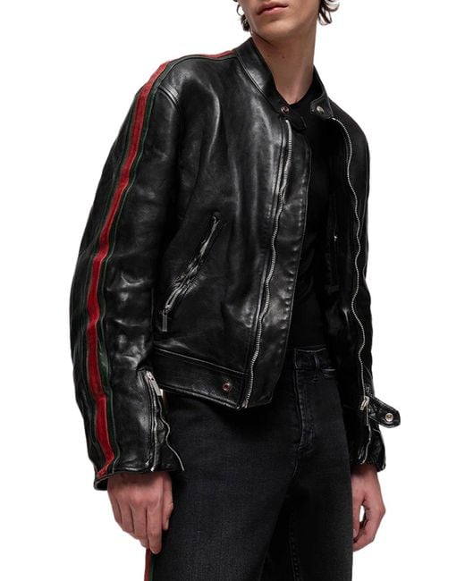 Gucci Black Buffalo Leather Bomber Jacket With Webbing for men