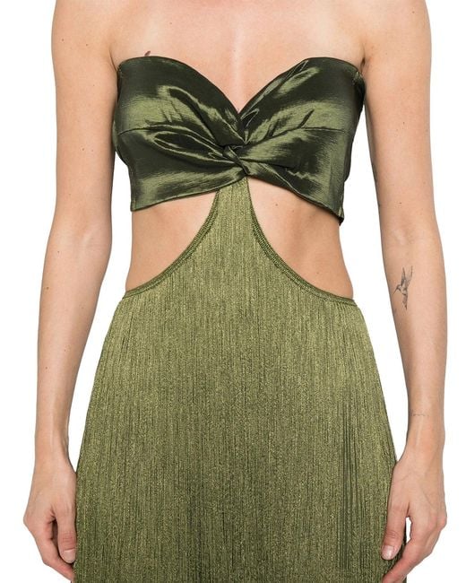 Bless Green Long Dress With Fringes And Satin Bow