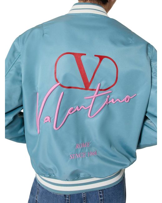 Valentino Garavani Blue Nylon Bomber Jacket With Embroidery And Vlogo Signature Print for men