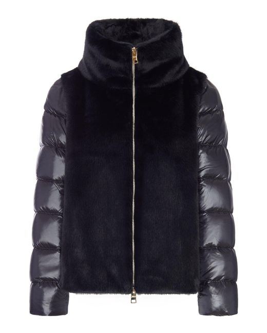 Herno Blue Puffer Jacket With Faux Fur Panel