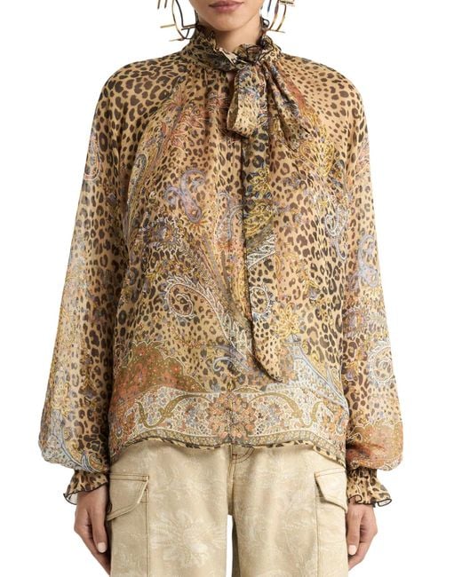 Etro Brown Silk Chiffon Blouse With Scarf And Animal Paisley Pattern