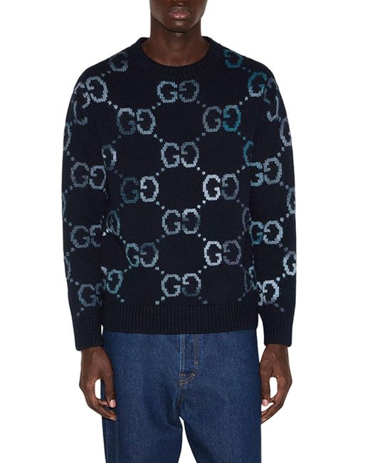 Gucci Blue Wool Sweater With Gg Intarsia for men