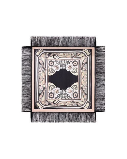 LaDoubleJ White Silk Scarf With Fringes And Ornamental Print