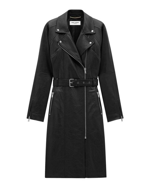 Saint Laurent Black Midi Biker Coat With Two-way Zip And Point Collar, Raglan Sleeves And Adjustable Belt