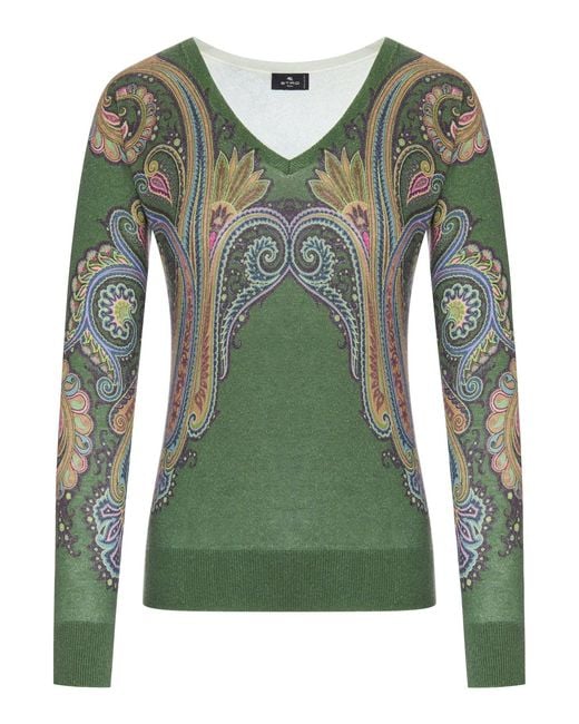 Etro Green Silk And Cashmere V-Neck Sweater With Placed Paisley Print