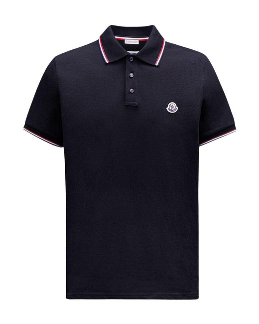Polo in piquet di cotone con finiture tricolore di Moncler in Blue da Uomo