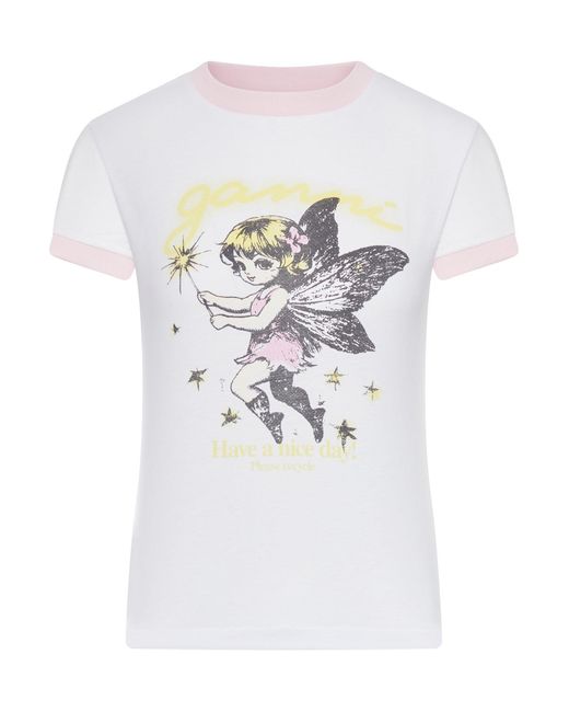 Ganni White Cotton T-Shirt With Fairy Graphic Print