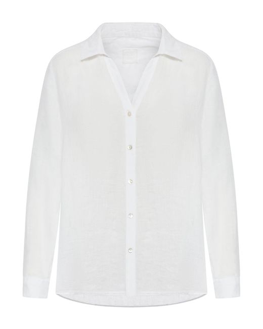120% Lino White Asymmetric Linen Shirt