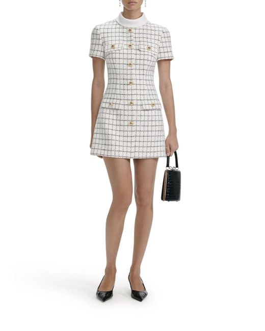 Self-Portrait White Checked Boucle Mini Dress
