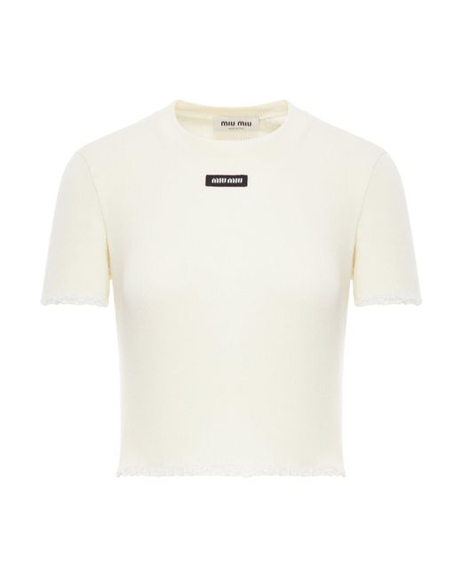 Miu Miu White Ribbed T-shirt With Lace Inserts