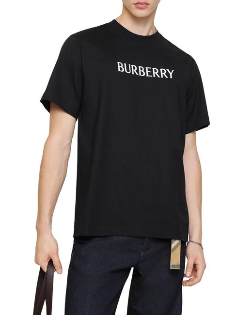 Burberry Black Cotton T-shirt With Printed Logo for men