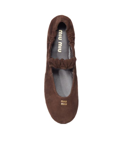 Miu Miu Brown Ruffled Suede Ballerinas