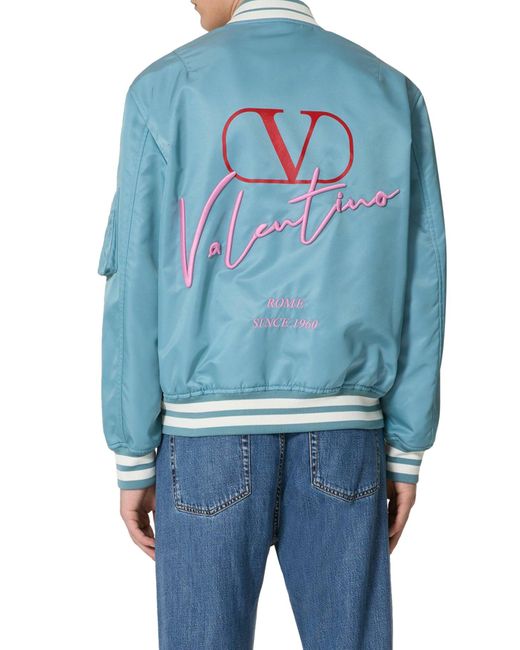 Bomber in nylon con ricami e stampa vlogo signature di Valentino Garavani in Blue da Uomo