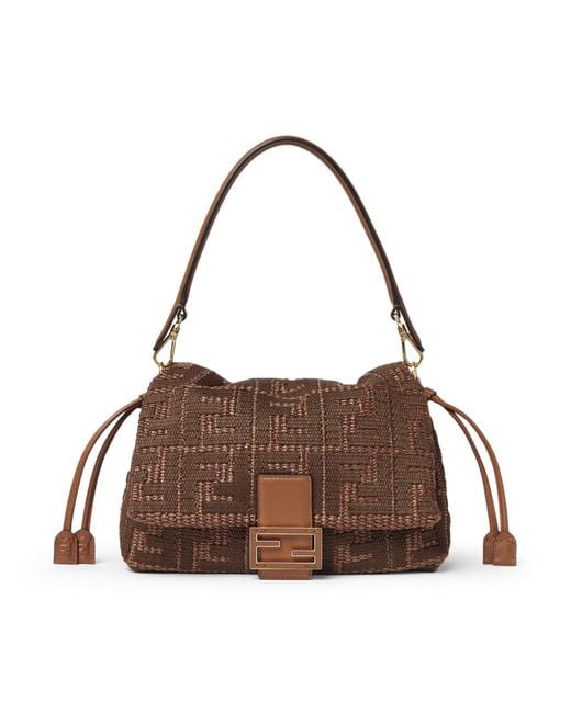 Fendi Brown Mamma Baguette Medium Woven Raffia Bag With Ff Sellier Embroidery