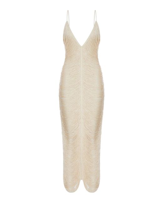 Bless White Long Solé Dress With Fringes And V-Neck
