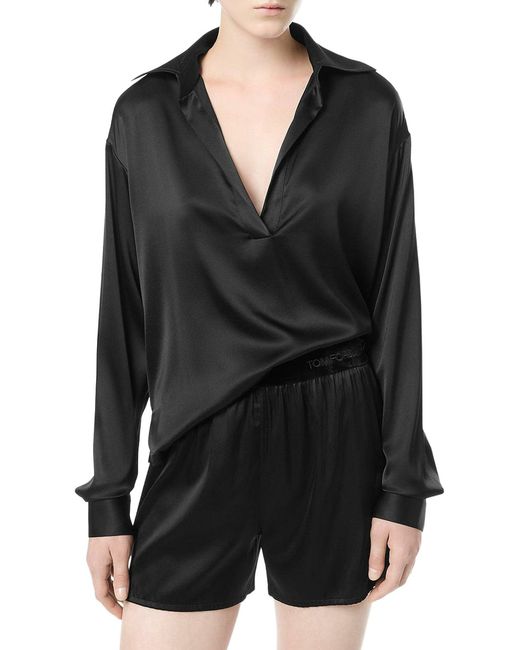 Tom Ford Black Silk Satin Blouse With Tf Logo Embroidered In Tone-on-tone