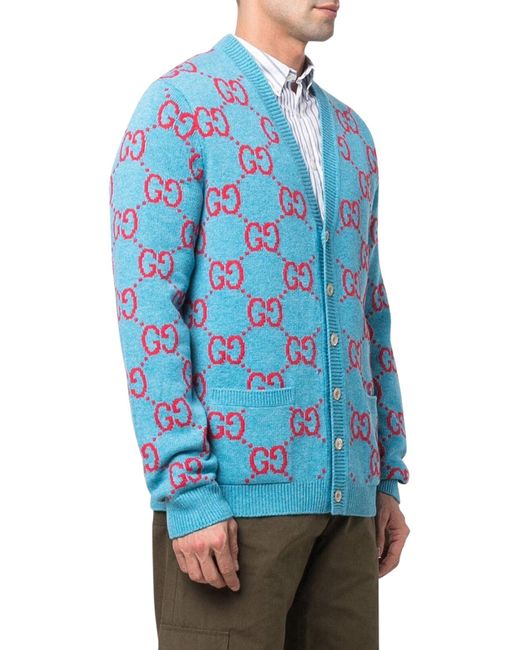 Gucci Blue Knitted Cardigan With GG Motif for men