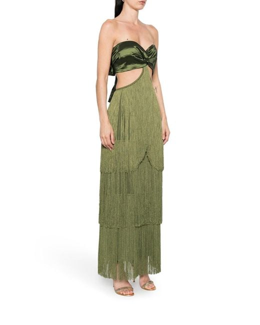 Bless Green Long Dress With Fringes And Satin Bow