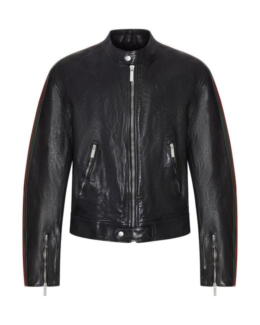 Gucci Black Buffalo Leather Bomber Jacket With Webbing for men
