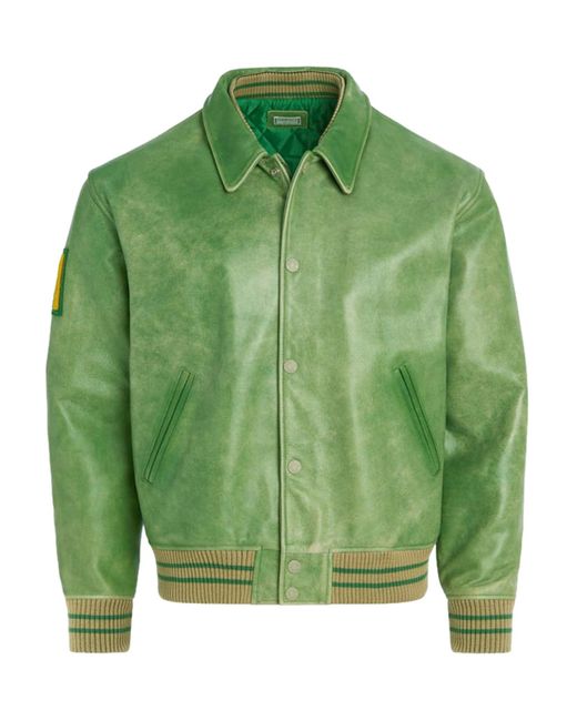 Guess USA Distressed Leather Letterman Jacket Green for men