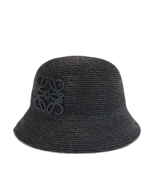 Loewe-Paulas Ibiza Black Bucket Hat In Raffia And Calfskin