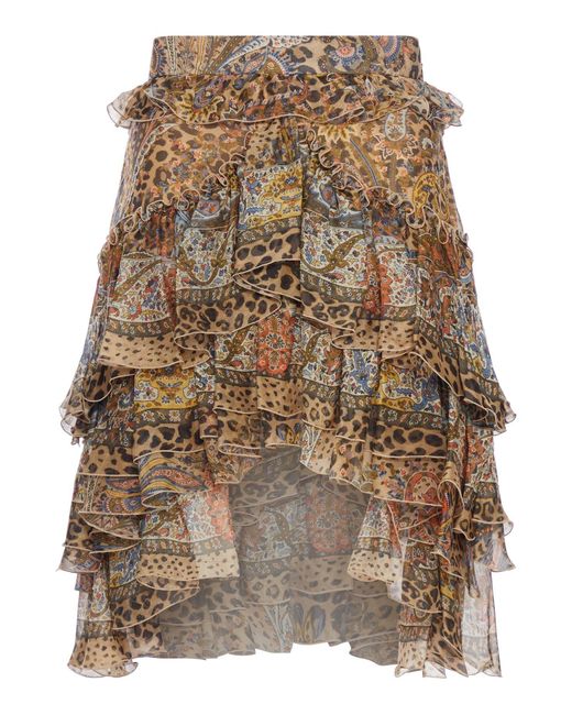 Etro Brown Paisley And Animal Print Silk Ruffled Mini Skirt