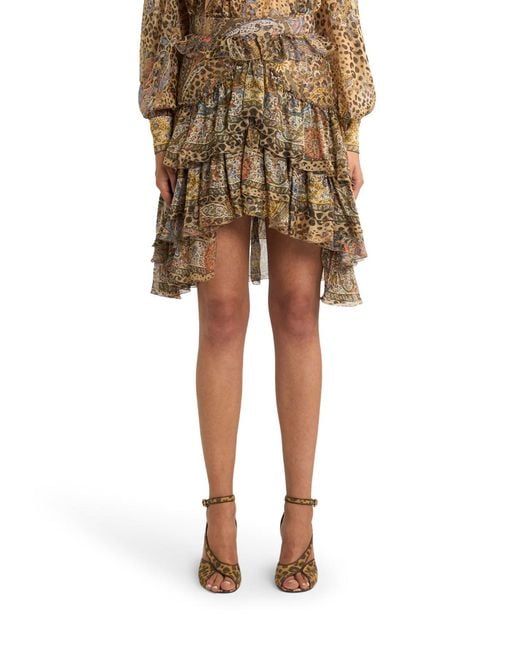 Etro Brown Paisley And Animal Print Silk Ruffled Mini Skirt