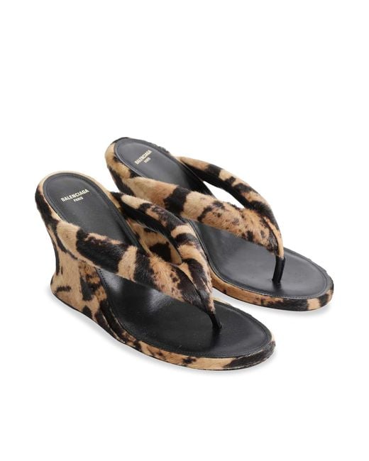 Balenciaga Brown Gaeta Wedge Thong Sandal In Ocelot-print Calf Hair
