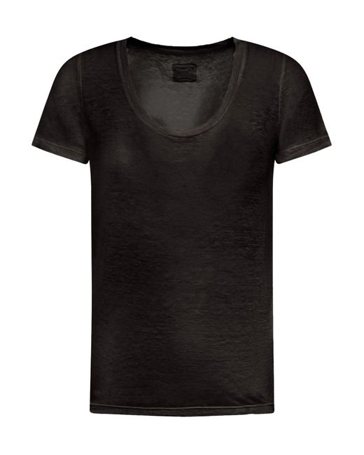 120% Lino Black Linen T-Shirt With Deep Neckline