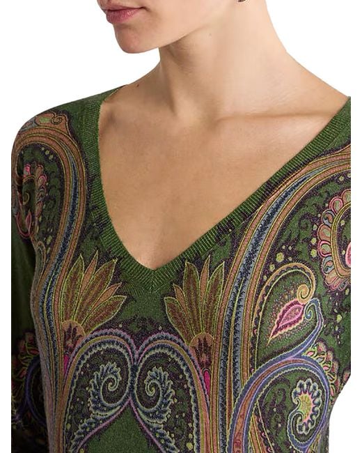 Etro Green Silk And Cashmere V-Neck Sweater With Placed Paisley Print