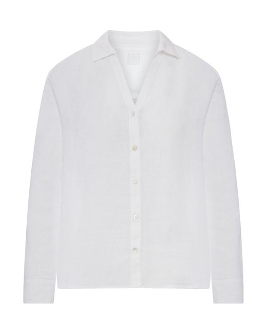 120% Lino White Linen Shirt With Collar And V-Neck