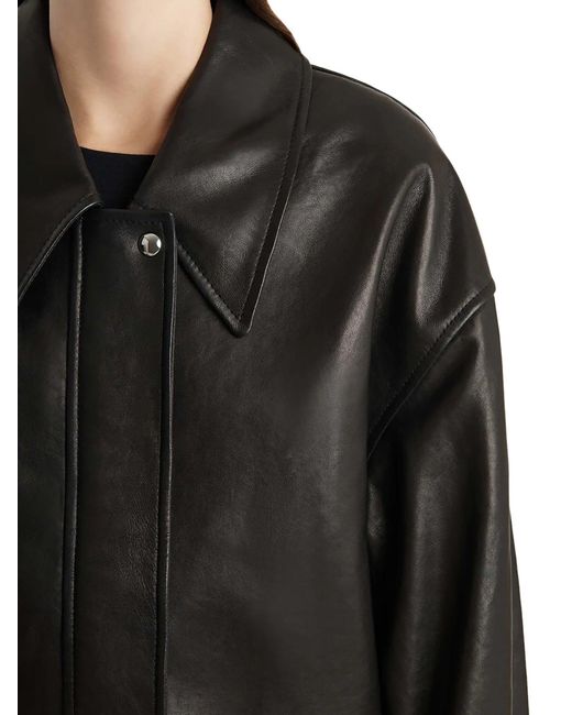 Khaite Black Shelman Leather Bomber Jacket With Wide Neck
