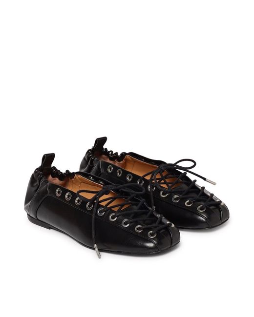 Ganni Black Oleatex Lace-Up Ballet Flats