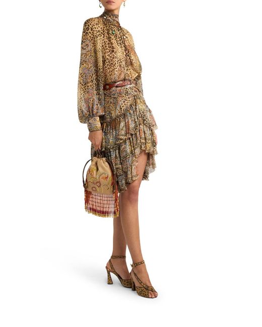 Etro Brown Paisley And Animal Print Silk Ruffled Mini Skirt